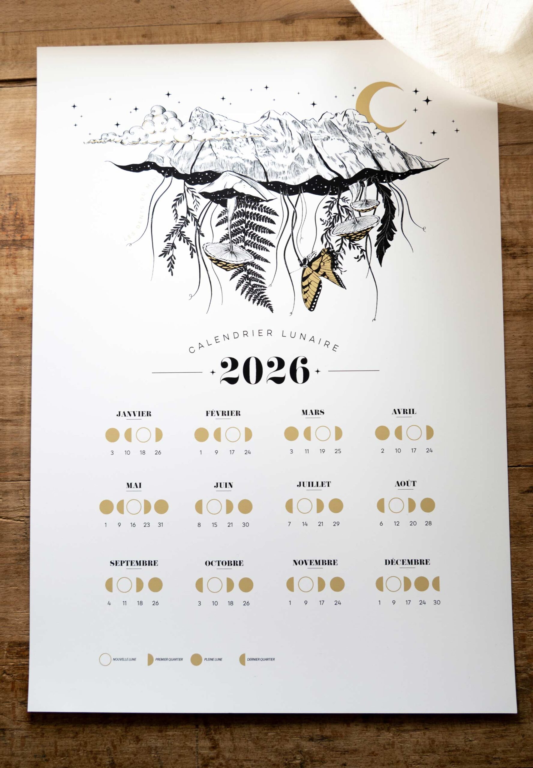 calendrier lunaire A3, avec illustration dents du midi