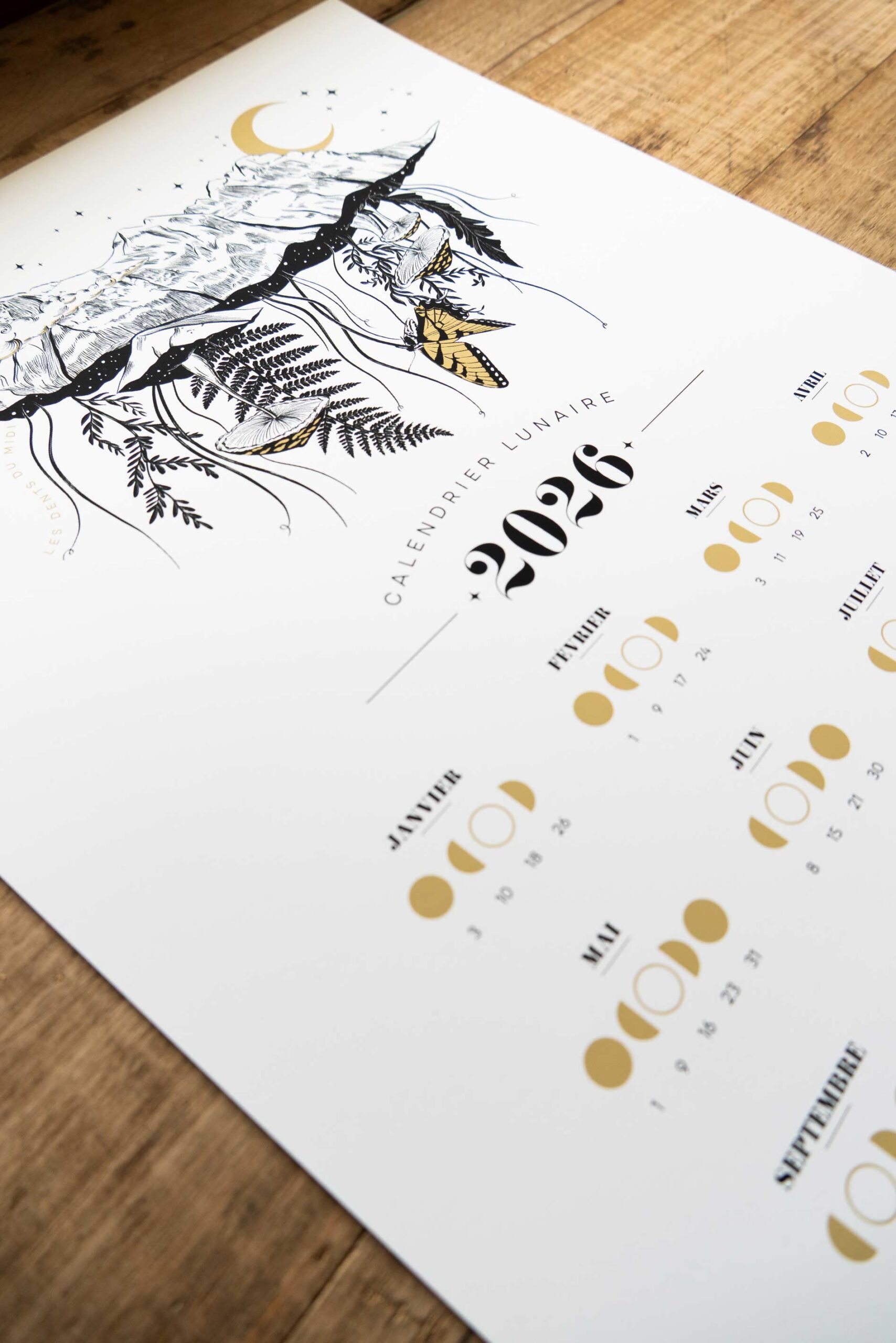 calendrier lunaire A3, avec illustration dents du midi